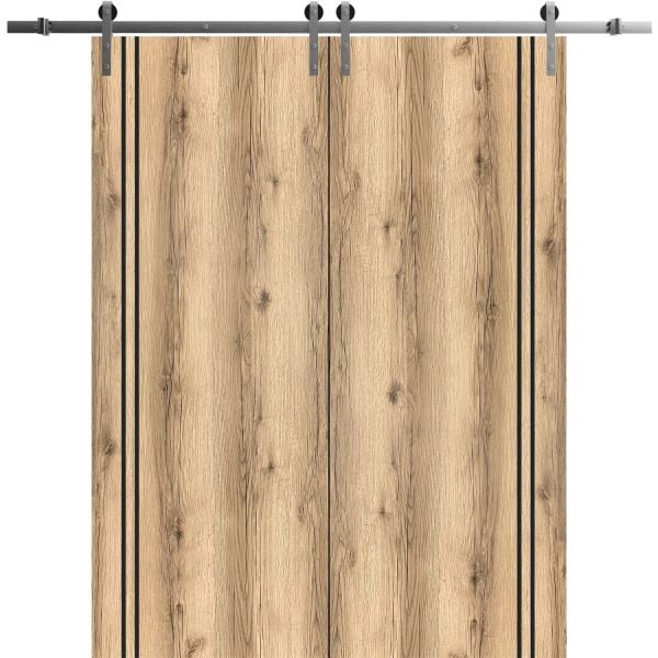 Sliding Double Barn Doors with Hardware | Planum 0016 Oak | Silver 13FT Rail Hangers Sturdy Set | Modern Solid Panel Interior Hall Bedroom Bathroom Door