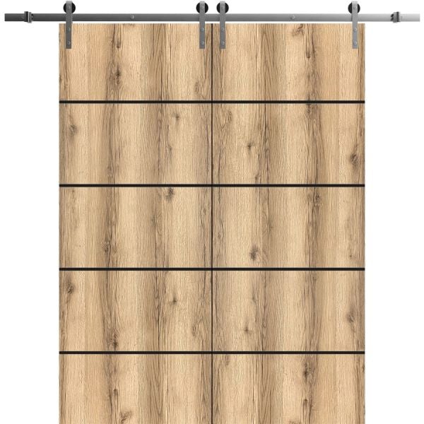 Sliding Double Barn Doors with Hardware | Planum 0015 Oak | Silver 13FT Rail Hangers Sturdy Set | Modern Solid Panel Interior Hall Bedroom Bathroom Door
