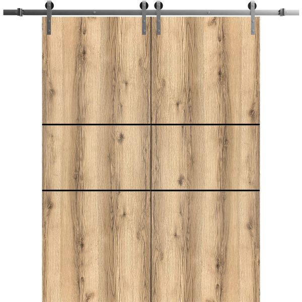 Sliding Double Barn Doors with Hardware | Planum 0014 Oak | Silver 13FT Rail Hangers Sturdy Set | Modern Solid Panel Interior Hall Bedroom Bathroom Door