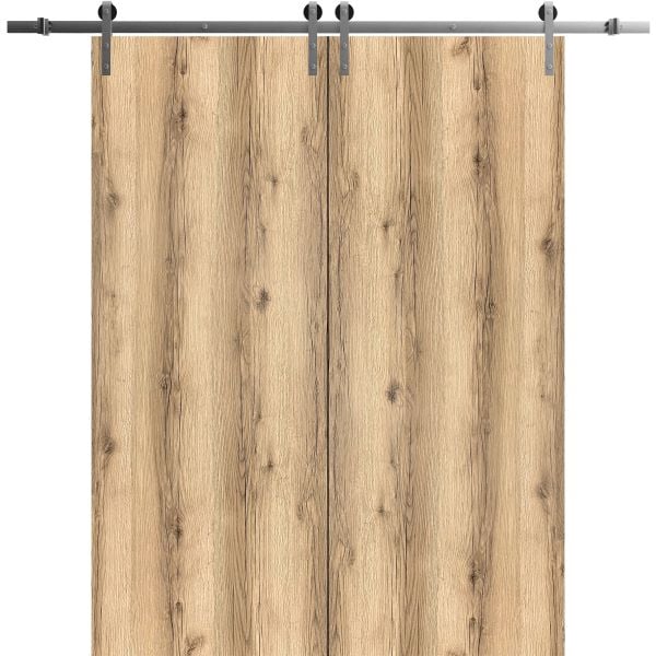 Sliding Double Barn Doors with Hardware | Planum 0010 Oak | Silver 13FT Rail Hangers Sturdy Set | Modern Solid Panel Interior Hall Bedroom Bathroom Door