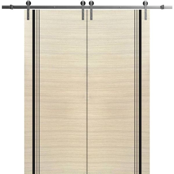 Sliding Double Barn Doors with Hardware | Planum 0011 Natural Veneer | 13FT Rail Hangers Sturdy Set | Modern Solid Panel Interior Hall Bedroom Bathroom Door-36" x 80" (2* 18x80)-Silver Rail