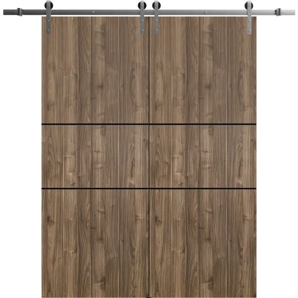Sliding Double Barn Doors with Hardware | Planum 0014 Walnut | Silver 13FT Rail Hangers Sturdy Set | Modern Solid Panel Interior Hall Bedroom Bathroom Door
