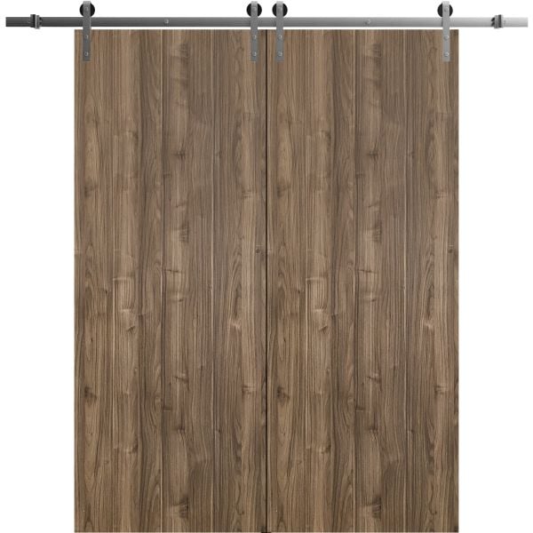 Sliding Double Barn Doors with Hardware | Planum 0010 Walnut | 13FT Rail Hangers Sturdy Set | Modern Solid Panel Interior Hall Bedroom Bathroom Door-36" x 80" (2* 18x80)-Silver Rail