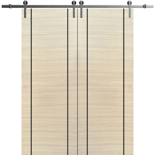 Sliding Double Barn Doors with Hardware | Planum 0017 Natural Veneer | 13FT Rail Hangers Sturdy Set | Modern Solid Panel Interior Hall Bedroom Bathroom Door-36" x 80" (2* 18x80)-Silver Rail