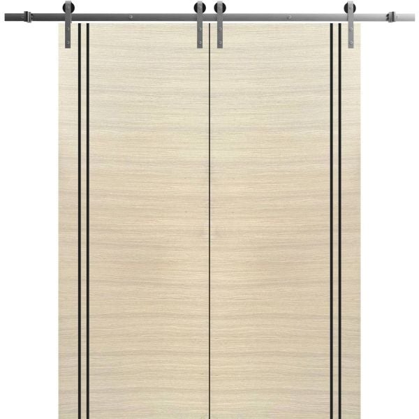 Sliding Double Barn Doors with Hardware | Planum 0016 Natural Veneer | Silver 13FT Rail Hangers Sturdy Set | Modern Solid Panel Interior Hall Bedroom Bathroom Door