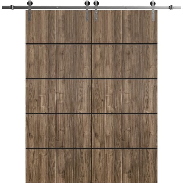 Sliding Double Barn Doors with Hardware | Planum 0015 Walnut | Silver 13FT Rail Hangers Sturdy Set | Modern Solid Panel Interior Hall Bedroom Bathroom Door