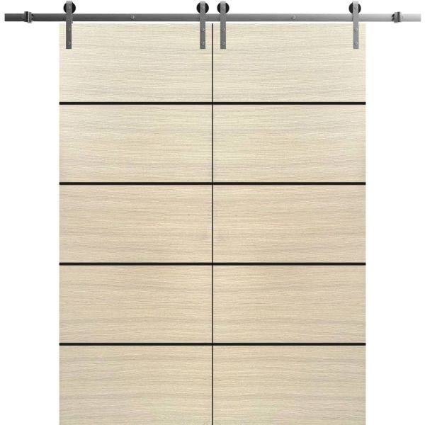 Sliding Double Barn Doors with Hardware | Planum 0015 Natural Veneer | Silver 13FT Rail Hangers Sturdy Set | Modern Solid Panel Interior Hall Bedroom Bathroom Door