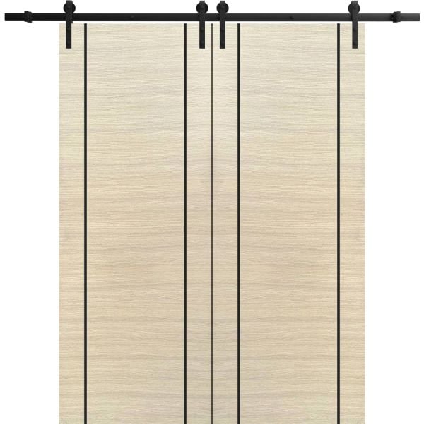 Sliding Double Barn Doors with Hardware | Planum 0017 Natural Veneer | 13FT Rail Hangers Sturdy Set | Modern Solid Panel Interior Hall Bedroom Bathroom Door-36" x 80" (2* 18x80)-Black Rail