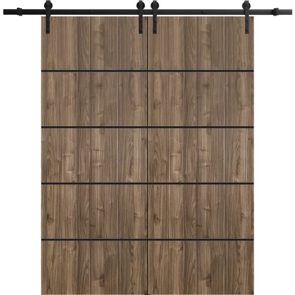 Sliding Double Barn Doors with Hardware | Planum 0015 Walnut | 13FT Rail Hangers Sturdy Set | Modern Solid Panel Interior Hall Bedroom Bathroom Door