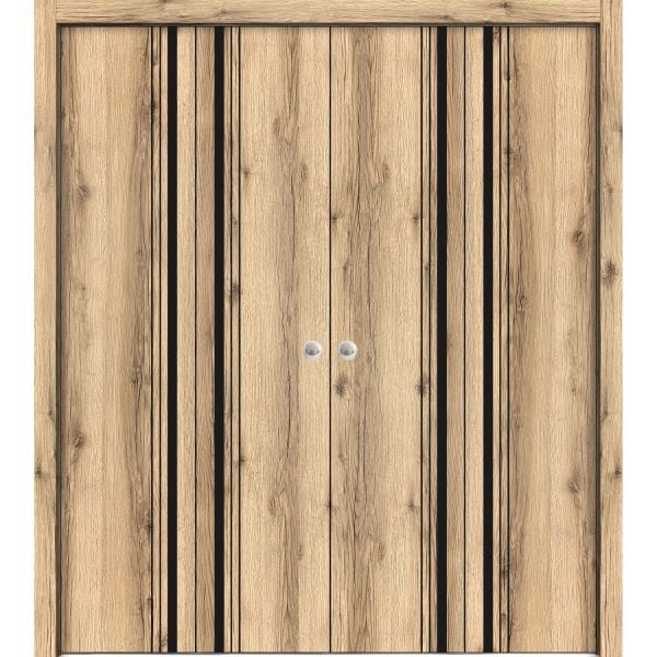 Sliding Closet Double Bi-fold Doors | Planum 0011 Oak | Sturdy Tracks Moldings Trims Hardware Set | Wood Solid Bedroom Wardrobe Doors 