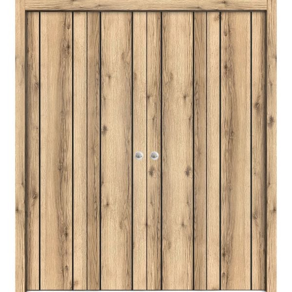 Sliding Closet Double Bi-fold Doors | Planum 0017 Oak | Sturdy Tracks Moldings Trims Hardware Set | Wood Solid Bedroom Wardrobe Doors 