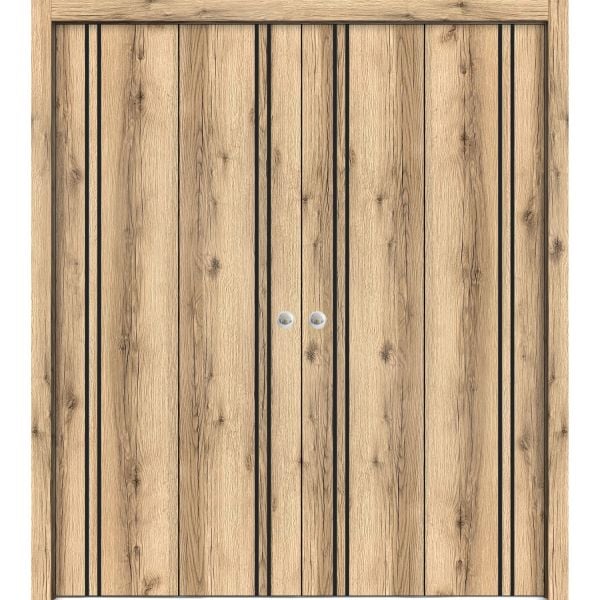 Sliding Closet Double Bi-fold Doors | Planum 0016 Oak | Sturdy Tracks Moldings Trims Hardware Set | Wood Solid Bedroom Wardrobe Doors 