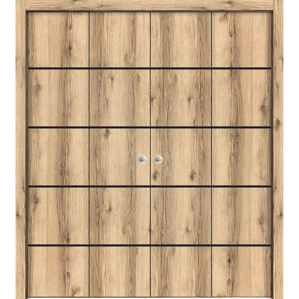 Sliding Closet Double Bi-fold Doors | Planum 0015 Oak | Sturdy Tracks Moldings Trims Hardware Set | Wood Solid Bedroom Wardrobe Doors 