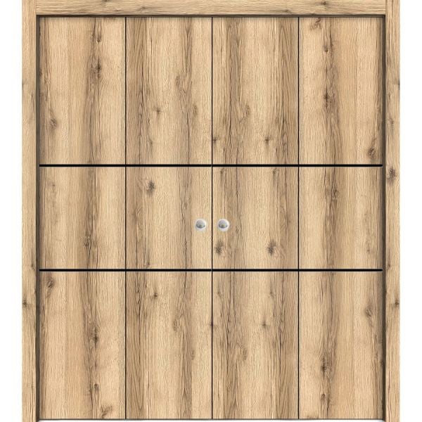 Sliding Closet Double Bi-fold Doors | Planum 0014 Oak | Sturdy Tracks Moldings Trims Hardware Set | Wood Solid Bedroom Wardrobe Doors 