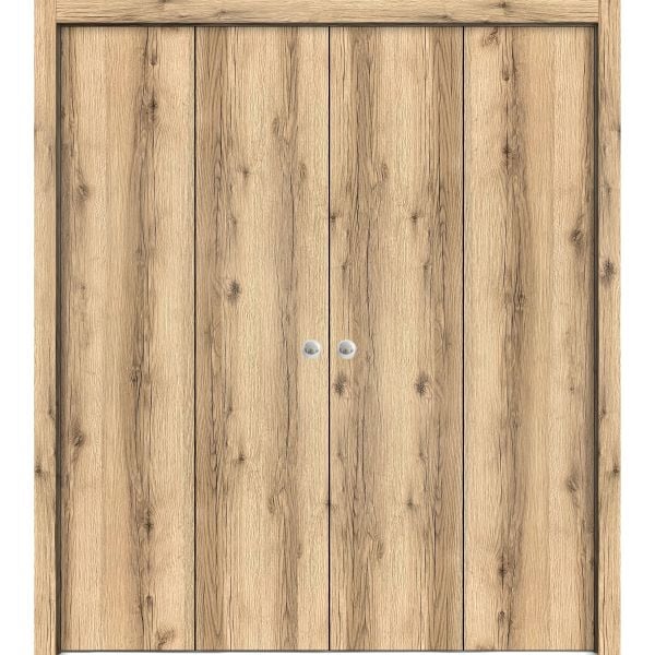 Sliding Closet Double Bi-fold Doors | Planum 0010 Oak | Sturdy Tracks Moldings Trims Hardware Set | Wood Solid Bedroom Wardrobe Doors 