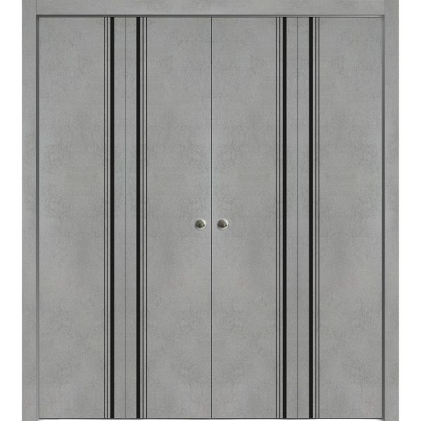 Sliding Closet Double Bi-fold Doors | Planum 0011 Concrete | Sturdy Tracks Moldings Trims Hardware Set | Wood Solid Bedroom Wardrobe Doors 