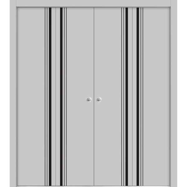 Sliding Closet Double Bi-fold Doors | Planum 0011 Matte Grey | Sturdy Tracks Moldings Trims Hardware Set | Wood Solid Bedroom Wardrobe Doors 