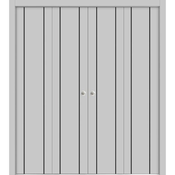Sliding Closet Double Bi-fold Doors | Planum 0017 Matte Grey | Sturdy Tracks Moldings Trims Hardware Set | Wood Solid Bedroom Wardrobe Doors 