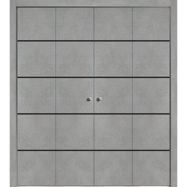 Sliding Closet Double Bi-fold Doors | Planum 0015 Concrete | Sturdy Tracks Moldings Trims Hardware Set | Wood Solid Bedroom Wardrobe Doors 