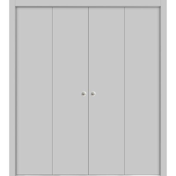Sliding Closet Double Bi-fold Doors | Planum 0010 Matte Grey | Sturdy Tracks Moldings Trims Hardware Set | Wood Solid Bedroom Wardrobe Doors 