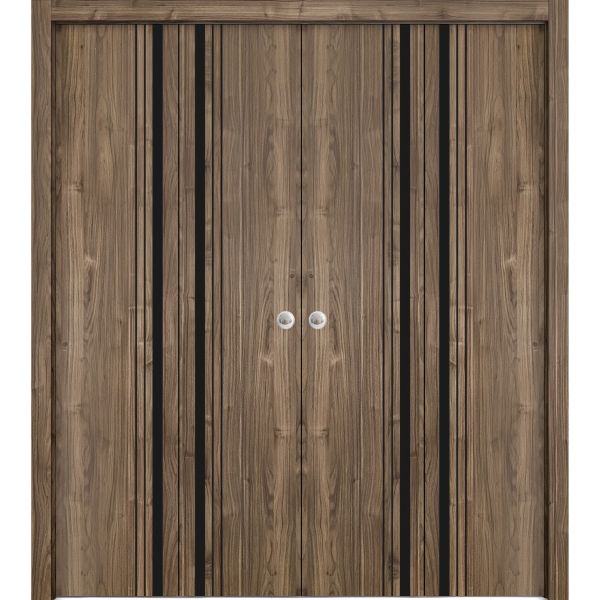 Sliding Closet Double Bi-fold Doors | Planum 0011 Walnut | Sturdy Tracks Moldings Trims Hardware Set | Wood Solid Bedroom Wardrobe Doors 