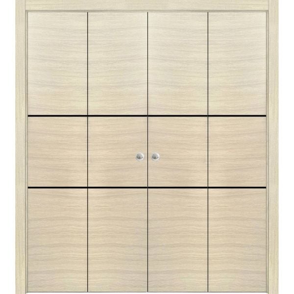 Sliding Closet Double Bi-fold Doors | Planum 0014 Natural Veneer | Sturdy Tracks Moldings Trims Hardware Set | Wood Solid Bedroom Wardrobe Doors 