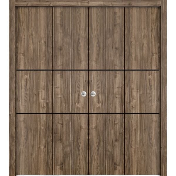Sliding Closet Double Bi-fold Doors | Planum 0014 Walnut | Sturdy Tracks Moldings Trims Hardware Set | Wood Solid Bedroom Wardrobe Doors 
