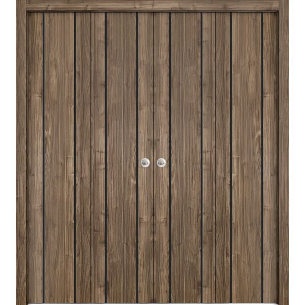 Sliding Closet Double Bi-fold Doors | Planum 0017 Walnut | Sturdy Tracks Moldings Trims Hardware Set | Wood Solid Bedroom Wardrobe Doors 