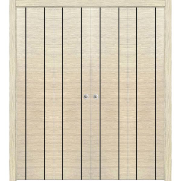 Sliding Closet Double Bi-fold Doors | Planum 0017 Natural Veneer | Sturdy Tracks Moldings Trims Hardware Set | Wood Solid Bedroom Wardrobe Doors 