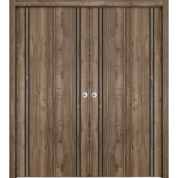 Sliding Closet Double Bi-fold Doors | Planum 0016 Walnut | Sturdy Tracks Moldings Trims Hardware Set | Wood Solid Bedroom Wardrobe Doors 
