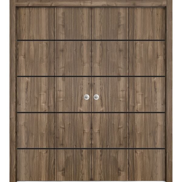 Sliding Closet Double Bi-fold Doors | Planum 0015 Walnut | Sturdy Tracks Moldings Trims Hardware Set | Wood Solid Bedroom Wardrobe Doors 