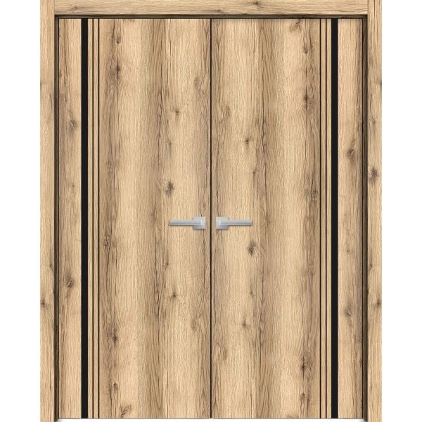 Planum Solid French Double Doors | Planum 0011 Oak | Wood Solid Panel Frame Trims | Closet Bedroom Sturdy Doors 