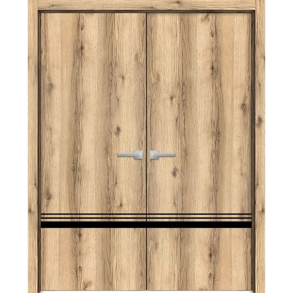 Planum Solid French Double Doors | Planum 0012 Oak | Wood Solid Panel Frame Trims | Closet Bedroom Sturdy Doors 