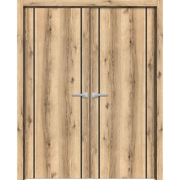 Solid French Double Doors | Planum 0017 Oak | Wood Solid Panel Frame Trims | Closet Bedroom Sturdy Doors -36" x 80" (2* 18x80)-Butterfly