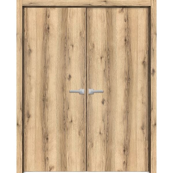 Planum Solid French Double Doors | Planum 0010 Oak | Wood Solid Panel Frame Trims | Closet Bedroom Sturdy Doors 