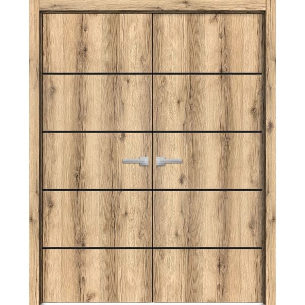 Planum Solid French Double Doors | Planum 0015 Oak | Wood Solid Panel Frame Trims | Closet Bedroom Sturdy Doors 