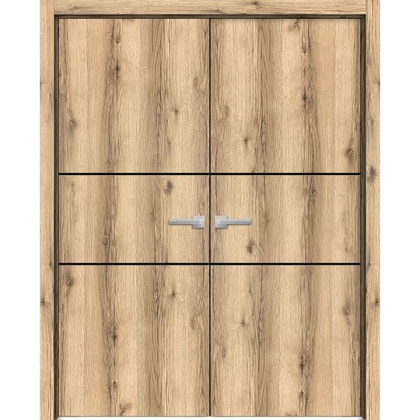 Planum Solid French Double Doors | Planum 0014 Oak | Wood Solid Panel Frame Trims | Closet Bedroom Sturdy Doors 