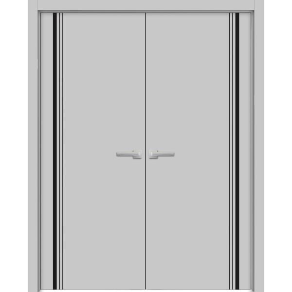 Planum Solid French Double Doors | Planum 0011 Matte Grey | Wood Solid Panel Frame Trims | Closet Bedroom Sturdy Doors 