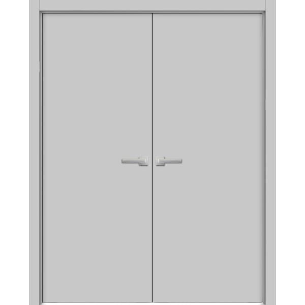 Planum Solid French Double Doors | Planum 0010 Matte Grey | Wood Solid Panel Frame Trims | Closet Bedroom Sturdy Doors 