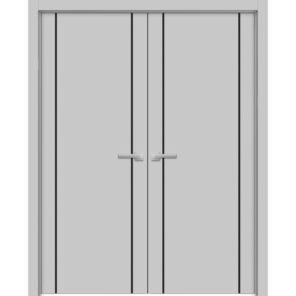 Planum Solid French Double Doors | Planum 0017 Matte Grey | Wood Solid Panel Frame Trims | Closet Bedroom Sturdy Doors 