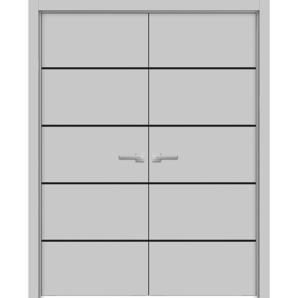 Planum Solid French Double Doors | Planum 0015 Matte Grey | Wood Solid Panel Frame Trims | Closet Bedroom Sturdy Doors 