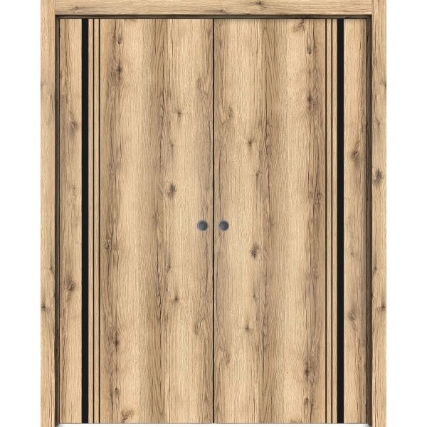 Modern Double Pocket Doors | Planum 0011 Oak | Kit Trims Rail Hardware | Solid Wood Interior Bedroom Sliding Closet Sturdy Door