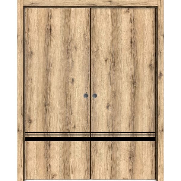 Modern Double Pocket Doors | Planum 0012 Oak | Kit Trims Rail Hardware | Solid Wood Interior Bedroom Sliding Closet Sturdy Door-36" x 80" (2* 18x80)
