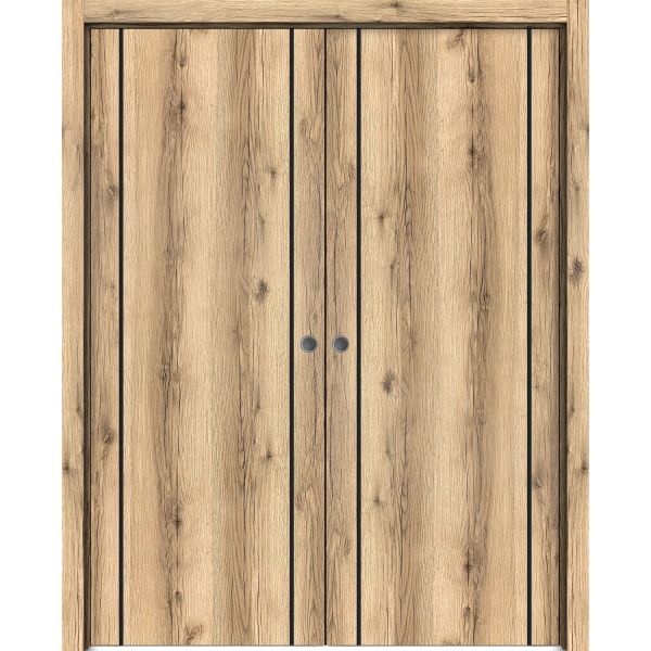 Modern Double Pocket Doors | Planum 0017 Oak | Kit Trims Rail Hardware | Solid Wood Interior Bedroom Sliding Closet Sturdy Door-36" x 80" (2* 18x80)