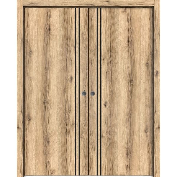 Modern Double Pocket Doors | Planum 0016 Oak | Kit Trims Rail Hardware | Solid Wood Interior Bedroom Sliding Closet Sturdy Door