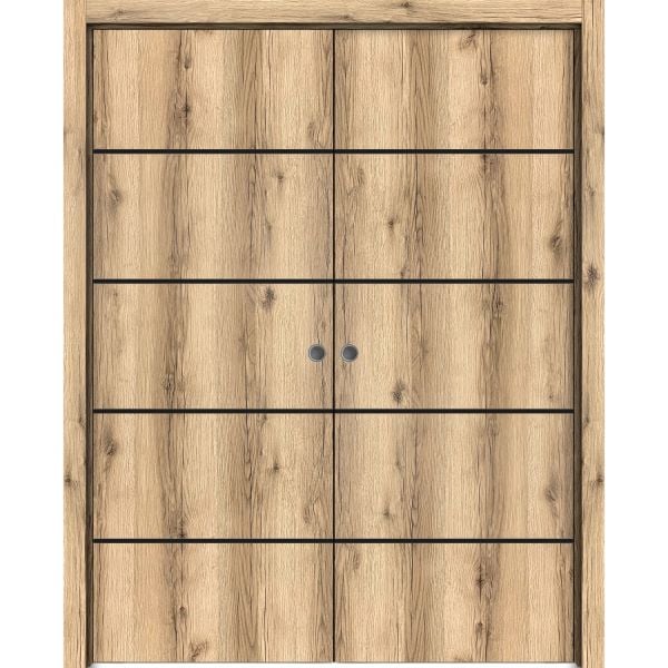 Modern Double Pocket Doors | Planum 0015 Oak | Kit Trims Rail Hardware | Solid Wood Interior Bedroom Sliding Closet Sturdy Door