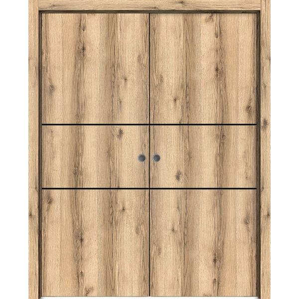 Modern Double Pocket Doors | Planum 0014 Oak | Kit Trims Rail Hardware | Solid Wood Interior Bedroom Sliding Closet Sturdy Door