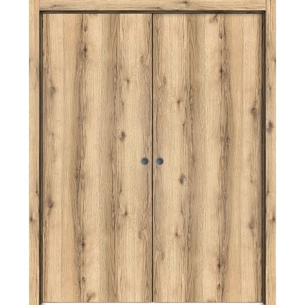 Modern Double Pocket Doors | Planum 0010 Oak | Kit Trims Rail Hardware | Solid Wood Interior Bedroom Sliding Closet Sturdy Door