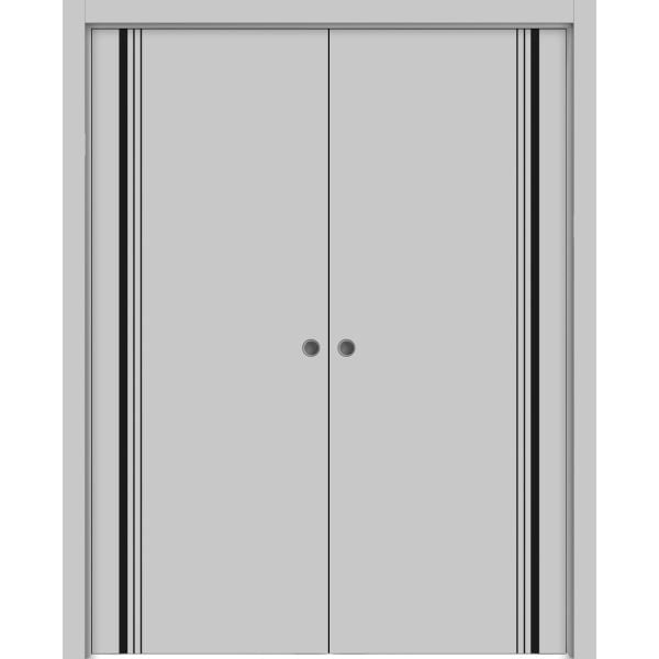 Modern Double Pocket Doors | Planum 0011 Matte Grey | Kit Trims Rail Hardware | Solid Wood Interior Bedroom Sliding Closet Sturdy Door