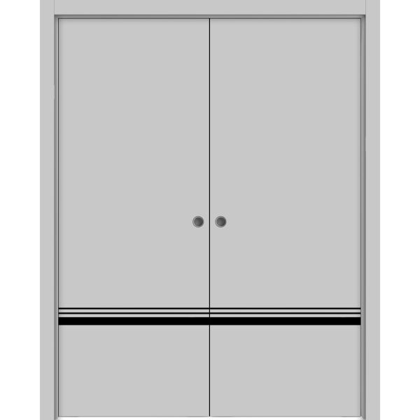 Modern Double Pocket Doors | Planum 0012 Matte Grey | Kit Trims Rail Hardware | Solid Wood Interior Bedroom Sliding Closet Sturdy Door